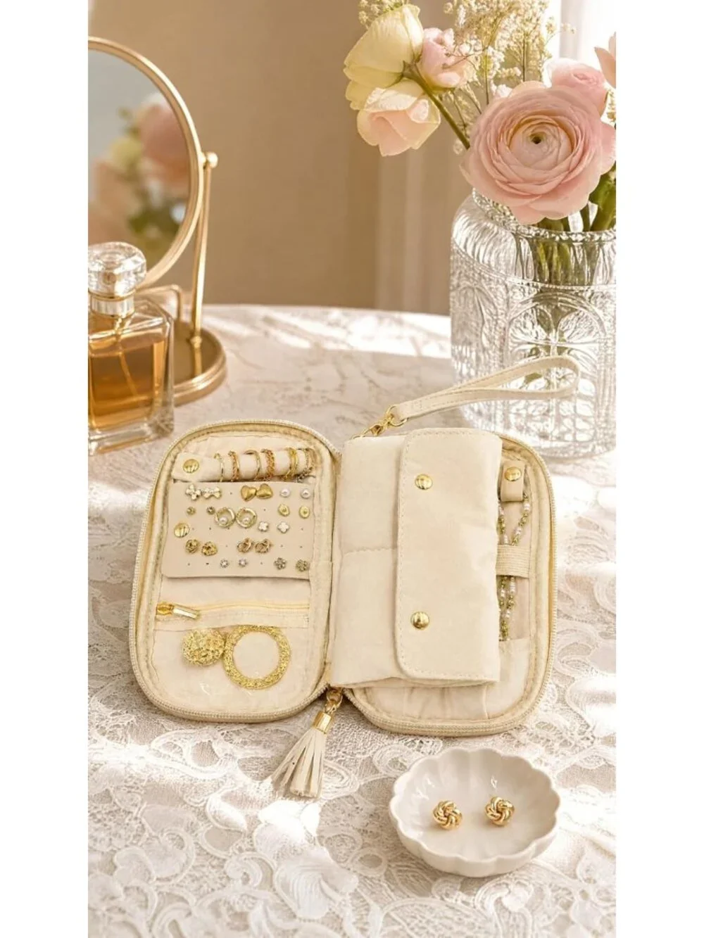 Travel Jewelry Organizer Case, Ultra-Slim Soft Pouch for Accessories - Oatmeal